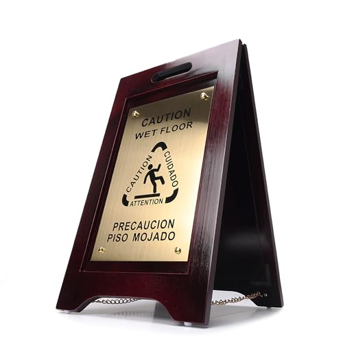 Wholesale Hotel Products Premium Wooden Caution Wet Floor Sign – Bilingual w-Non-Skid Plastic Feet, Brass Plate – For Hotels, Schools, Offices, Areas, Restrooms, Pool Decks & Shops