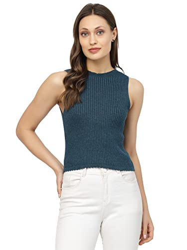 Image of Kalt Womens Knitted, Ribbed Cotton Fitted Sleeveless Round Neck Cami Tank Top