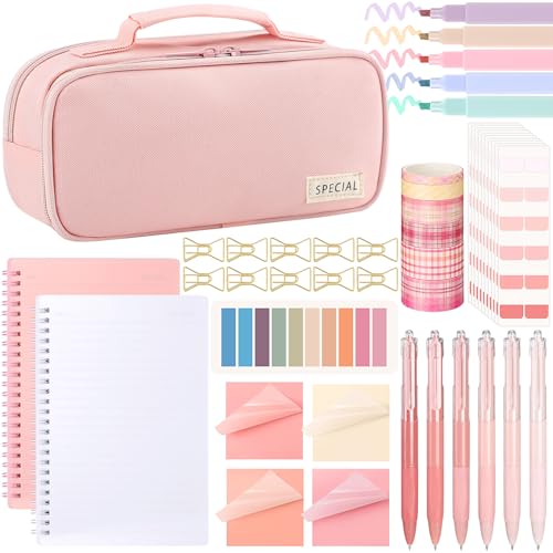 Lincia 45 Pcs Pink School Supplies Aesthetic with Cute Pen Case Notebooks Highlighters Gel Pens Sticky Notes Index Tab Clips Washi Tapes Back to School Pastel Stationery Set