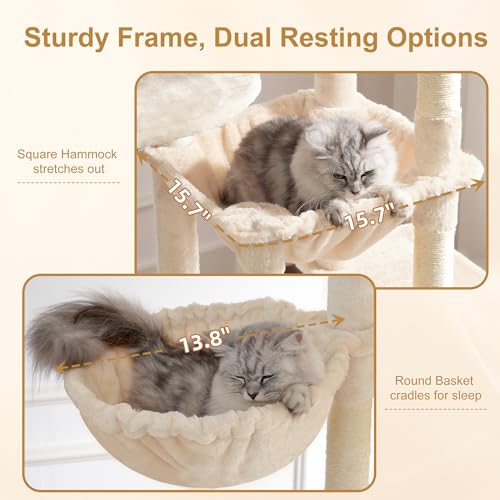 Image of Heybly Cat Tree, 76-Inch Tall Heavy Duty Cat Tower for Big Cats HCT039M | Multi-Level Large Cat Furniture with Extra Wide Baseboard, 2 Condos & 2 Hammocks, 10 Scratching Posts, Beige