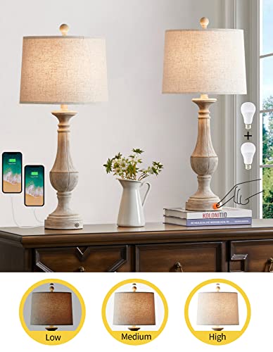 Pokat Farmhouse 3 Way Dimmable Touch Table Lamp Sets Of 2 Rustic Classic Bedside Nightstand Lamps For Living Room Bedroom With 2 Usb Ports Washed White (2 Bulbs Included) #TOP4