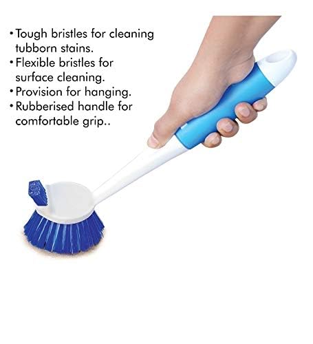 Sakoraware Dual Action Dish Brush with Plastic Handle | Featuring | Flexible | Hanging Provision | Cleaning Wash Basin for Home | Kitchen | Blue, White Pack of 1 1