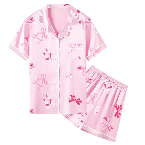 Image of Umeyda Women & Girls Pajamas Set, Soft Satin Lightweight Silk Button-Down Top with Shorts 2 Piece PJS for Mom Boys Kids Gifts