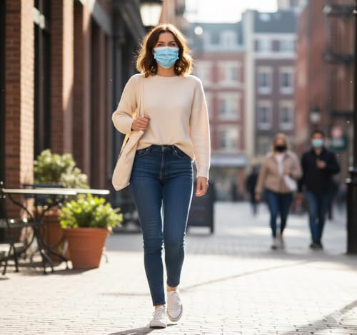 Image of Pack of 100 Disposable 3-Ply Face Mask | Soft on Skin | With Elastic Earloops and Nose Clip | Great For Office, School, Home, Kitchen and Outdoors | Unisex