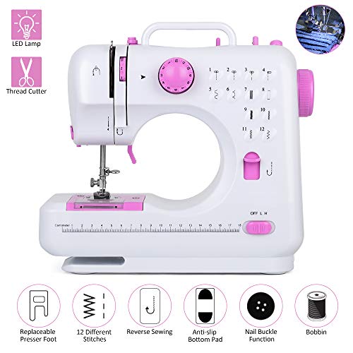 RZChome 12 Stitch Sewing Machine, Portable Household Easy to Use for Beginners Pink Sew 2 Speed with Upgrade