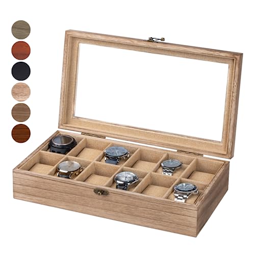 Exper City Watch Box, Watch Case For Men Women With Large Glass Lid, Wooden Watch Display Storage Box With 12 - Slots, Wood Mens Watch Box Organizer #TOP5