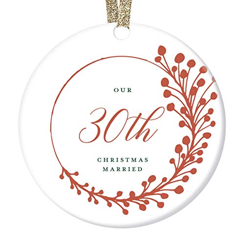 Product Image of the DIGIBUDDHA 30th Anniversary Christmas Ornament Gift Thirty 30 Years Married Couple Keepsake Present Thirtieth Wedding Celebration Pretty Red Berry Tree Decor Glossy Ceramic 3' Flat Circle Gold Ribbon