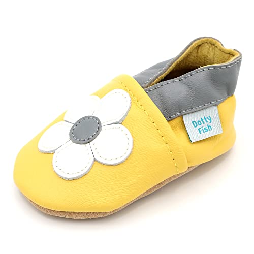 Dotty Fish Scarpine in Pelle Prima Infanzia. Scarpe Bimbi per Primi Passi con Suola Scamosciata. Fiore Giallo e Grigio. 18-24...