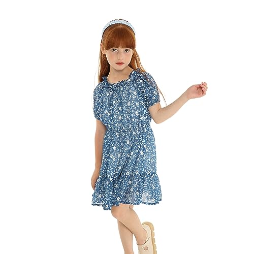 LittleSpring Girls Summer Dress Off Shoulder or O-Neck Chiffon Floral Ruffle Short Sleeve Dresses4