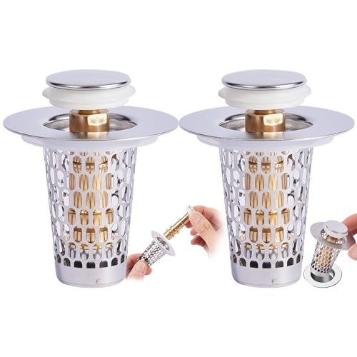 2 Pcs Bathroom Sink Drain Strainer, Pop-up Bathroom Sink Strainer with Removable Stainless Steel Anti-Clogging Fast Drainage Basket, Drain Hair Catcher Sink Stopper Replacement