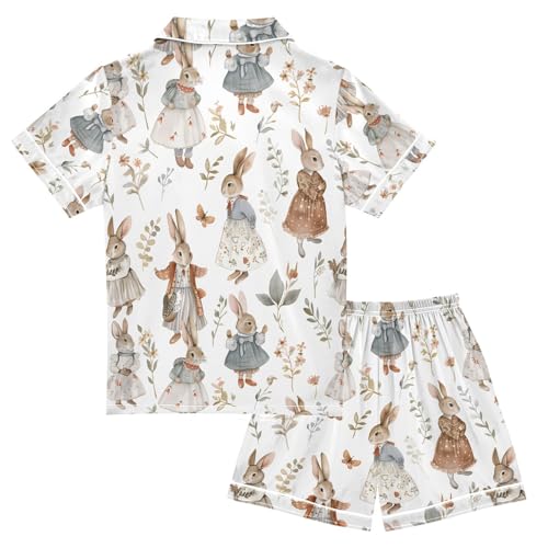 ALAZA Rabbit Bunny Leaves Watercolor Pajamas Satin Pajama Set Short Sleeve Button Down Sleepwear2