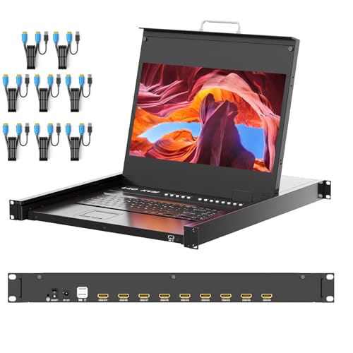 1U Rack Mount KVM Console, Arvitek 17.3" LCD Monitor KVM Switch 8 Port HDMI w/Cables, 1080P, Built-in Keyboard Touchpad, Fits 19" Rackmount Cabinet (Depth 600–810mm)