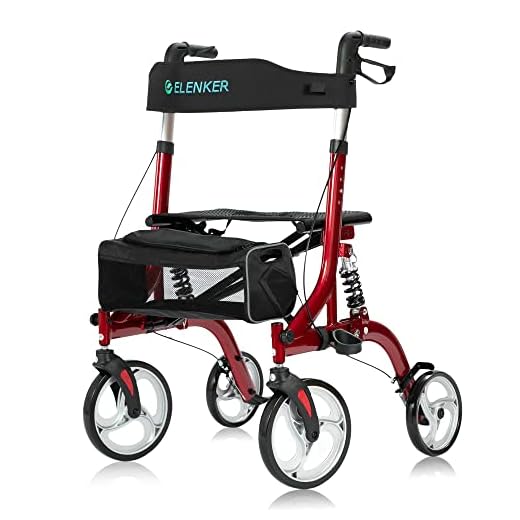 ELENKER Rollator Walker with Seat, Rolling Mobility Walking Aid, Shock Absorber and Carrying Pouch, Compact Folding Design, Fits for Elderly from 5’2”-6’5”, Supports up to 350 LBS (red)