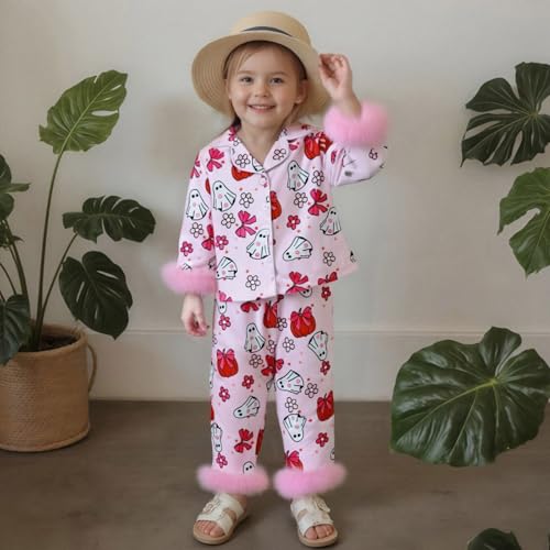 Kuriozud Kids Toddler Girl Satin Pajamas Fuzzy Trim Long Sleeve Button Down Shirt Top and Pants 2pcs Pjs Sets Sleepwear2