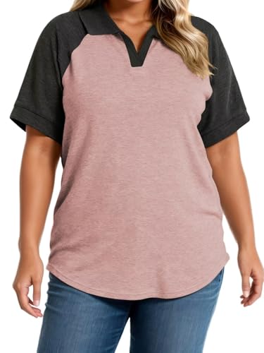 Womens Plus Size Polo Shirts Fashion V Neck Color Block Tops Raglan Sleeve Collared Shirt Black Pink XL