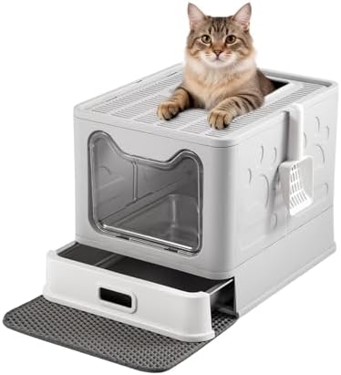 Mustry Stainless Steel Cat Litter Box, Large Enclosed Kitty Litter Box, Covered Metal Litter Box for Kittens to Large Cats, Drawer Design, Easy to Clean, Includes Scoop & Mat
