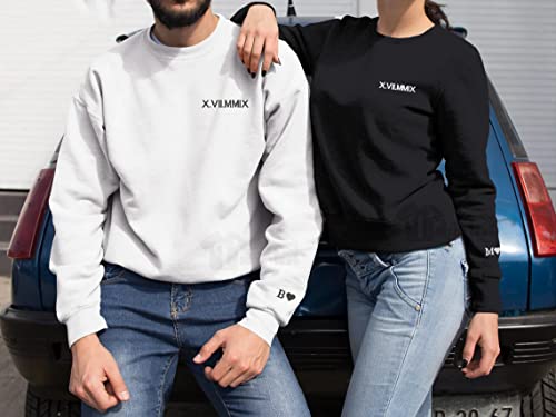NAZENTI Custom Embroidered Roman Numeral Hoodie, Matching Sweaters For Couples, Personalized Couple Crewnecks, Roman Numeral Sweatshirt, Date + Initial Heart On Sleeve, Valentine For Her Him Gifts4