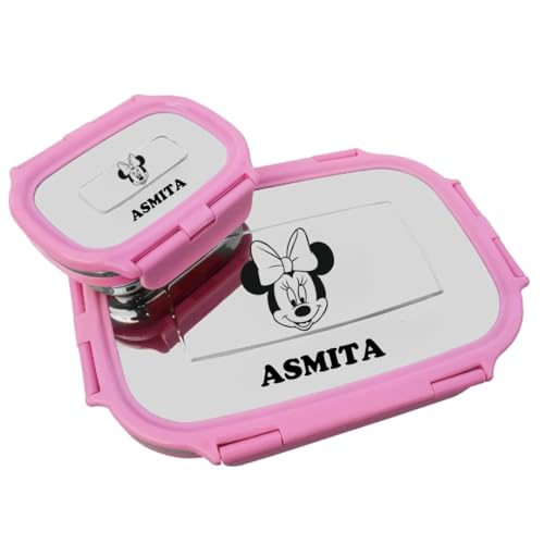 Image of ncgifts Personalized Tiffin | Customized Lunch Box | Personalized Stainless Steel Tiffin Box | Your Child's Name and Favourite Character Engraved | for Scholl Students (Pink)