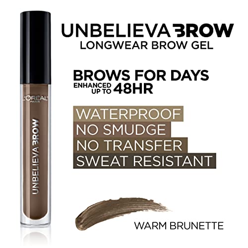 L'Oreal Paris Unbelieva-Brow Longwear Waterproof Tinted Brow Gel, Smudge-resistant, Transfer- Proof, Quick Drying, Easy and quick application with precise brush, Warm Brunette, 0.15 fl. oz