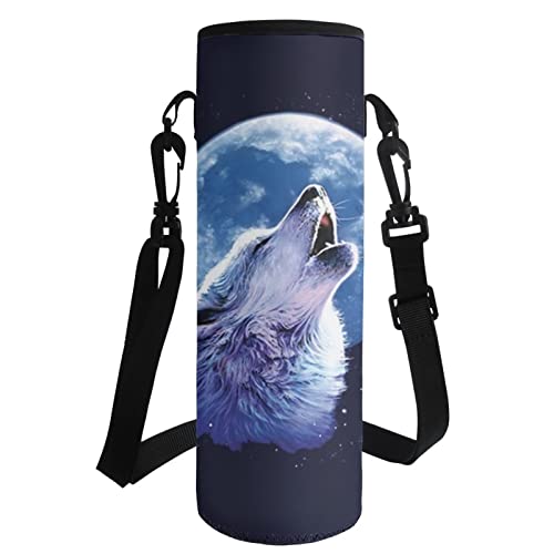 NETILGEN Wolf Bottle Sleeve Pouch for Boys Neoprene Pouch Water Bottle Holder Bag for Walking Cycling Gym Kids School Bottle Carrier Bag Moon Wolf Blue - Image 3