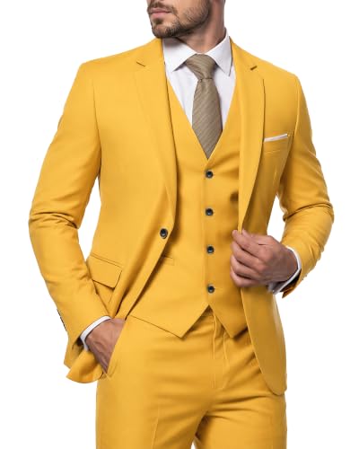 MYS Mens Blazer Vest Pants Set Solid Party Wedding Dress One Button Jacket Waistcoat and Trousers 3 Piece Slim Fit Suit with Tie Yellow