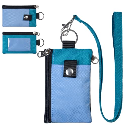 CHENSPRX Minimalist RFID Blocking Small Wallet with ID Window,WaterResistant Zip Id Case Wallet with Lanyard Keychain for Cards,Cash,Travel,Women,Men (Light Blue+Turquoise)