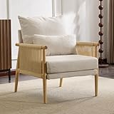 Bonnlo Rattan Chair,Mid-Century Modern Armchair with Solid Wooden Armrest,Comfy Louge Chair with Waist Pillow, Perfect for Bedroom,Living Room,Reading Room, Light Gray (Light Grey)