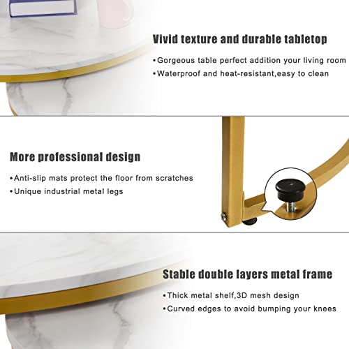 Image of NSdirect Nesting Coffee Table Set of 2,Round Coffee Tables Modern Circle Table for Living Room Accent End Side Table with Storage Open Shelf Faux Marble Wood Top & Gold Sturdy Metal Frame,White