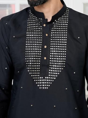 Image of See Designs Men's Full Sleeve Mandarin Collar Sequins Embroidered Chanderi Straight Long Kurta with Yoke Design - Festive Collection