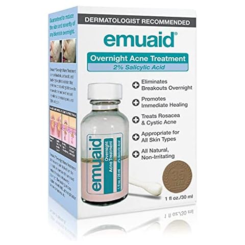 EMUAID Overnight Acne Treatment | Gentle, Fast-Acting Solution for Adults & Teens with Salicylic Acid | Clears Stubborn Pimples, Cystic Acne, Blackheads, Rosacea & Hormonal Breakouts | 1oz Cover
