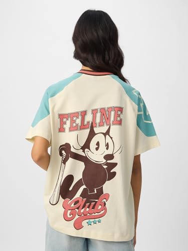Image of The Souled Store Felix The Cat: Feline Force Women and Girls Short Sleeves V Neck Off White Graphic Printed Cotton Oversized T-Shirts