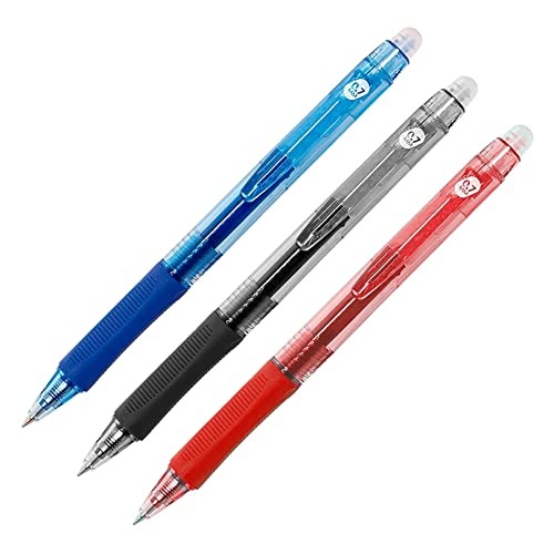 Raylu Paper® - Pack de 3 Bolígrafos Borrables Retráctiles, con Tinta de Gel Híbrida, Colores Azul Rojo Negro, Trazo de 0,7 mm (3 Colores)