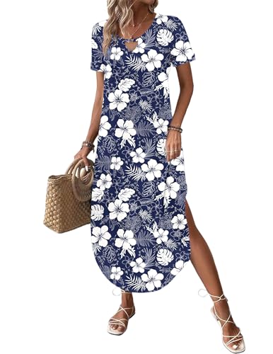 Image of Zeagoo Womens Maxi Summer Dress with Pockets Casual Short Sleeve Sundress Trendy 2026 Curve Hem Long Dress