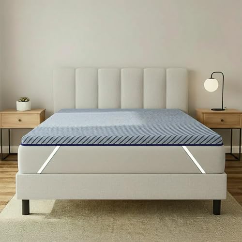 Image of SleepyHug OrthoSoft PRO Mattress Topper | Dual-Layer Memory Foam Comfort with Cooling Gel | Medium Soft Support | Anti-Skid /Elastic Strap Secure Fit | 72x60x2 Inches, Queen, Navy Blue
