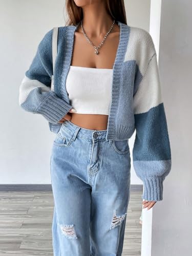 GORGLITTER Women's Open Front Cropped Cardigan Sweaters Colorful Long Sleeve Chunky Knit Top Color Block Short Cardigan3