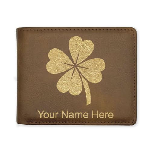 LaserGram Faux Leather Bi-Fold Wallet, Four Leaf Clover, Personalized Engraving Included (Rustic with Gold)