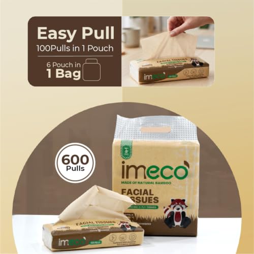 Image of IMECO Bamboo Facial Tissue Papers -100 Pulls (Pack of 12), 1200 Pulls - 2 Ply, Premium, Soft, Biodegradable & Skin Safe, 100% Natural and Ecofriendly, Soft tissue pack