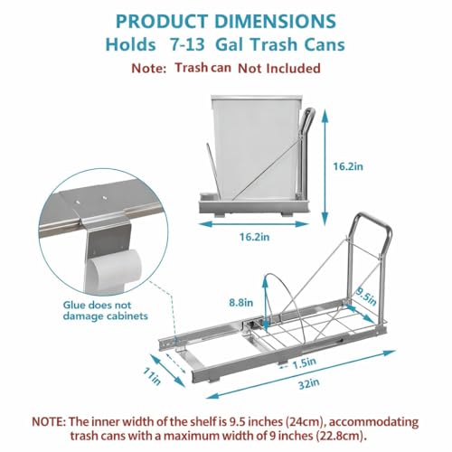 Pull-Out-Trash-Can-Under-Cabinet-w-Soft-Close-Stainless-Handle-Chrome-Heavy-Duty-Under-Sink-Pull-Out-Kit-Adjustable-Tail-Groove-For-7-13-Gal-Can-Requires-13W-x-18D-Cabinets-Bin-Not-Included