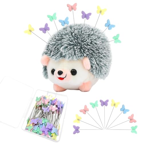 Pin Cushion Sewing Kit Include 1 Pcs Cute Pin Cushion and 100 Pcs Butterfly Flat Head Straight Pins for Sewing DIY Projects Dressmaker Jewelry Decoration (Grey)
