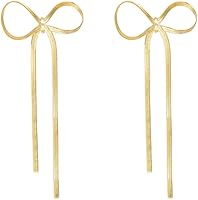 LOKLIFFAI Bow Drop Dangle Earrings for Women - Long Tassel Chain Wedding Statement Gold Finish, Lightweight Nickel-Free