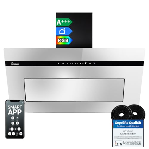 KKT KOLBE Campana extractora A+++ 90 cm | 782 m3/h recirculación o salida | inclinada frontal libre | cristal negro espejo | posventilación | WiFi App | SensorTouch | LED RGBW | PLOOM9005M