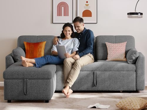 DWVO 86" Sectional Sofa Couch, 2 in 1 Sleeper Sofa Bed with Reversible Storage Chaise Pull Out Bed, L-Shape Sofa Bed for Living Room, Side Storage Pocket, Teddy Fleece, Grey