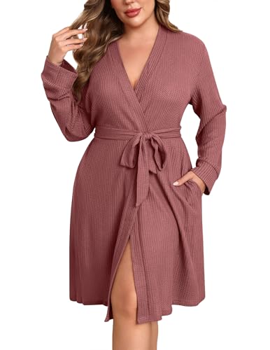 Ekouaer Women's Plus Size Robe Waffle Knit Bathrobe Short Lightweight Kimono Robes with Pockets Maternity Robe 1x-5x