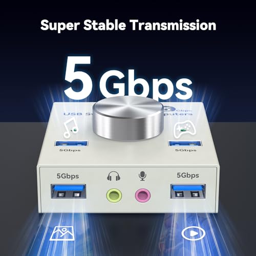 Image of USB 3.0 Switch 2 Computers Sharing USB A & 3.5mm Wired Headset Devices, 4 Port USB Switcher for Keyboard and Mouse, Printer /Scanner with 2 USB3.0 Cables, Grey
