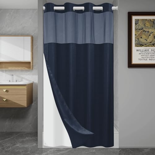 Ringless Waffle Shower Curtain with Snap in Liner Set, 54x80, Navy Blue