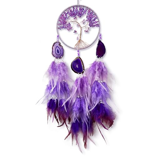 Large Dream Catcher,Sun Dream Catchers with Chakra Gemstone Agate Stone,Purple Crystal Tree Life,Dream Catcher for Girls,Dream Catchers for Adults,Home Ornaments Craft Gift (Purple)