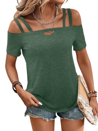 Image of Bliwov Womens Cold Shoulder Tops Short Sleeve Cute Sexy Summer Spring Beach Vacation T Shirts Fashion Outfits Basic Clothes