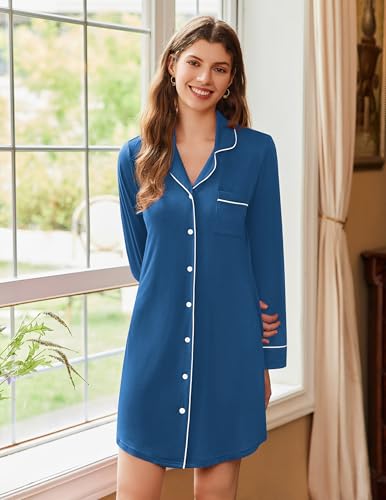 Image of Ekouaer Nightgowns for Women Long Sleeve Night Gown Button Pajama Dress