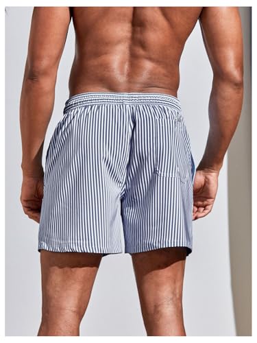OYOANGLE Men's Striped Print Drawstring Elastic Waist Swim Trunks Beach Swim Shorts with Pockets2