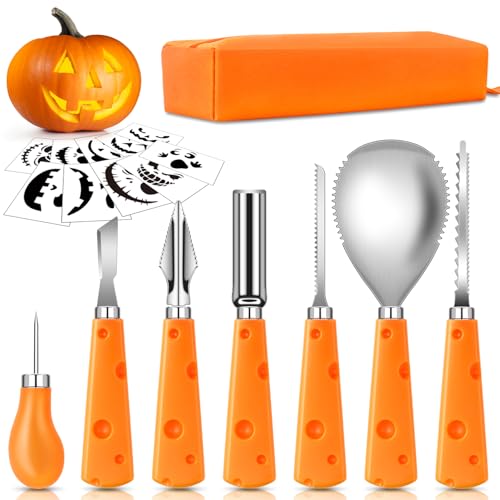 ECtury Kürbis Schnitzset, 7 Stück Schnitzwerkzeug Kürbis + 10 Schnitzvorlagen, Kürbis Schnitzen Werkzeug, Pumpkin Carving Kit, Halloween Kürbisschnitz Set